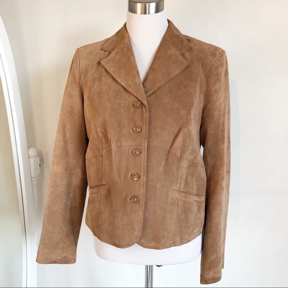 i.e. Jackets & Blazers - i.e. Women’s Genuine Leather Suede Tan Camel Blazer, size Large Button Front